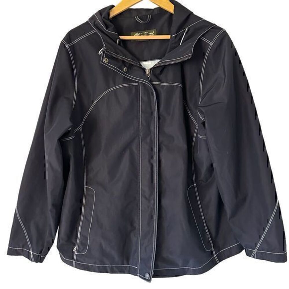 Eddie Bauer Womens Navy Blue White Zip Up Hooded Waterproof Windbreaker Size XL‎